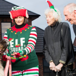 l-r Veko ( Reindeer, 18 months old ), Kyla Byrne ( Fishers Mobile Farm, Elf ), Resident Alison Rimmer and Resident Eddie Foulkes.
