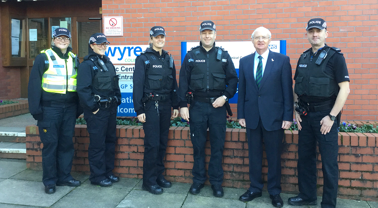 Left to right - Community Safety Officers Jennifer Paddon-Baggaley, Michelle Marshall and Rachel Lee, Inspector Jon Smith, Cllr Roger Berry and Local Policing Officer Kevin Berry.